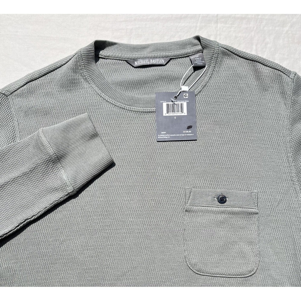 MICHAEL BASTIAN Mens Long Sleeve Crewneck TShirt Small Moss Green Pocket Tee NWT